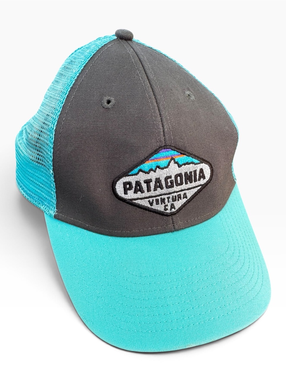 Patagonia teal and gray snap back trucker hat, unisex